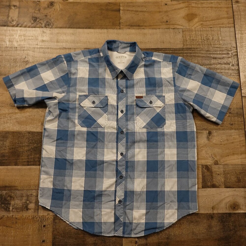 Orvis Short Sleeve Woven Tech Shirt men's extra large captain‎ blue check plaid